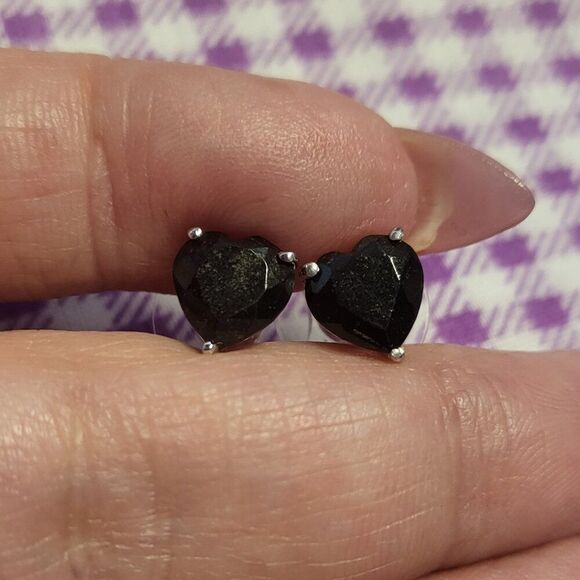 Black Tourmaline Heart Stud Earrings in Platinum Over Sterling Silver - Picture 2 of 6